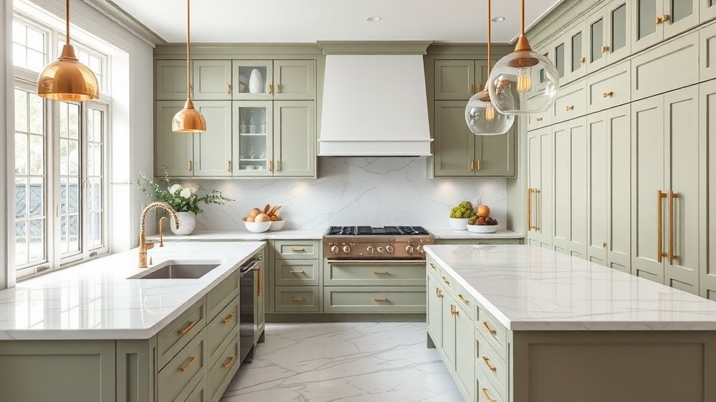 Modern kitchen with sage cabinetry and marble countertops
