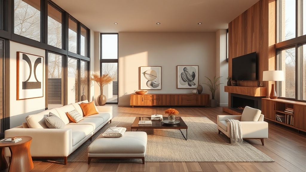 Luxury living room with warm neutral tones and natural light